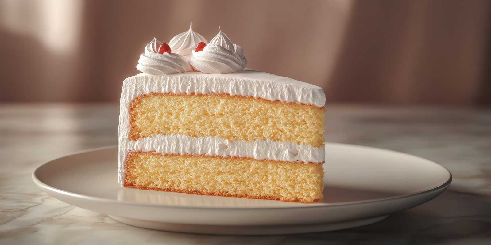 Delicious slice of vanilla cake with cream and decorative topping served on a white plate